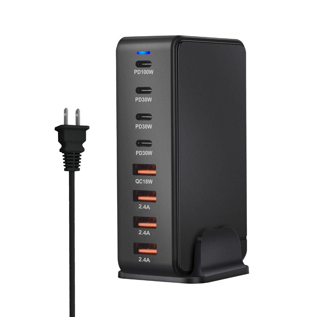 240W GaN 8-Port USB-C Charger with advanced GaN technology, featuring four USB-C PD ports and four USB-A QC ports for ultra-fast and efficient multi-device charging. Compact and lightweight design suitable for home, office, and travel use.