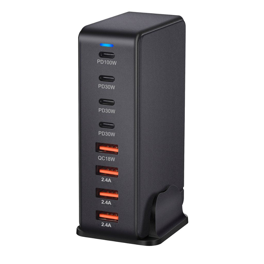 240W GaN 8-Port USB-C Charger with advanced GaN technology, featuring four USB-C PD ports and four USB-A QC ports for ultra-fast and efficient multi-device charging. Compact and lightweight design suitable for home, office, and travel use.