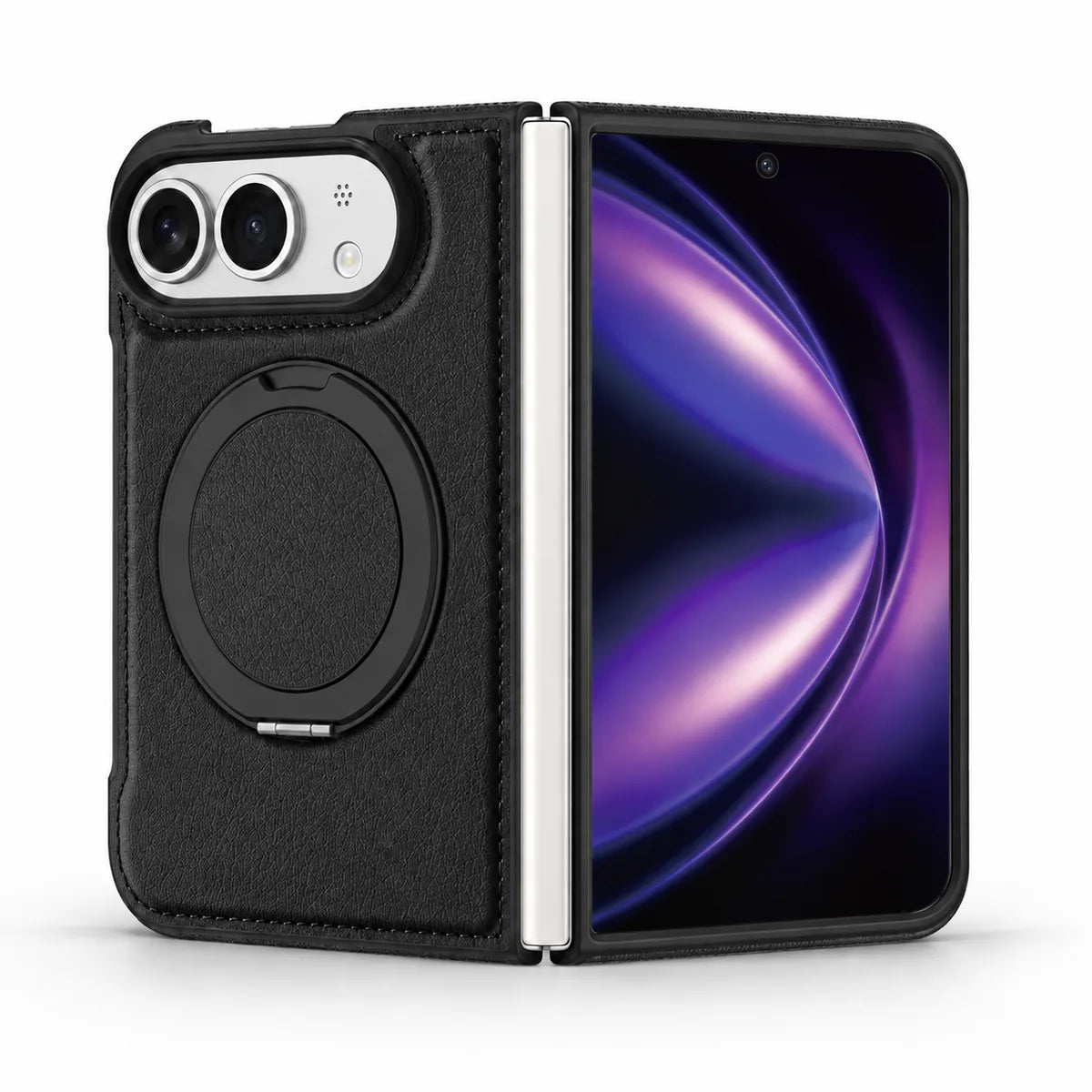 Midnight Black PU leather folding phone case shown open, with the camera back and folded ring stand on the left and the screen on the right. #color_Midnight Black