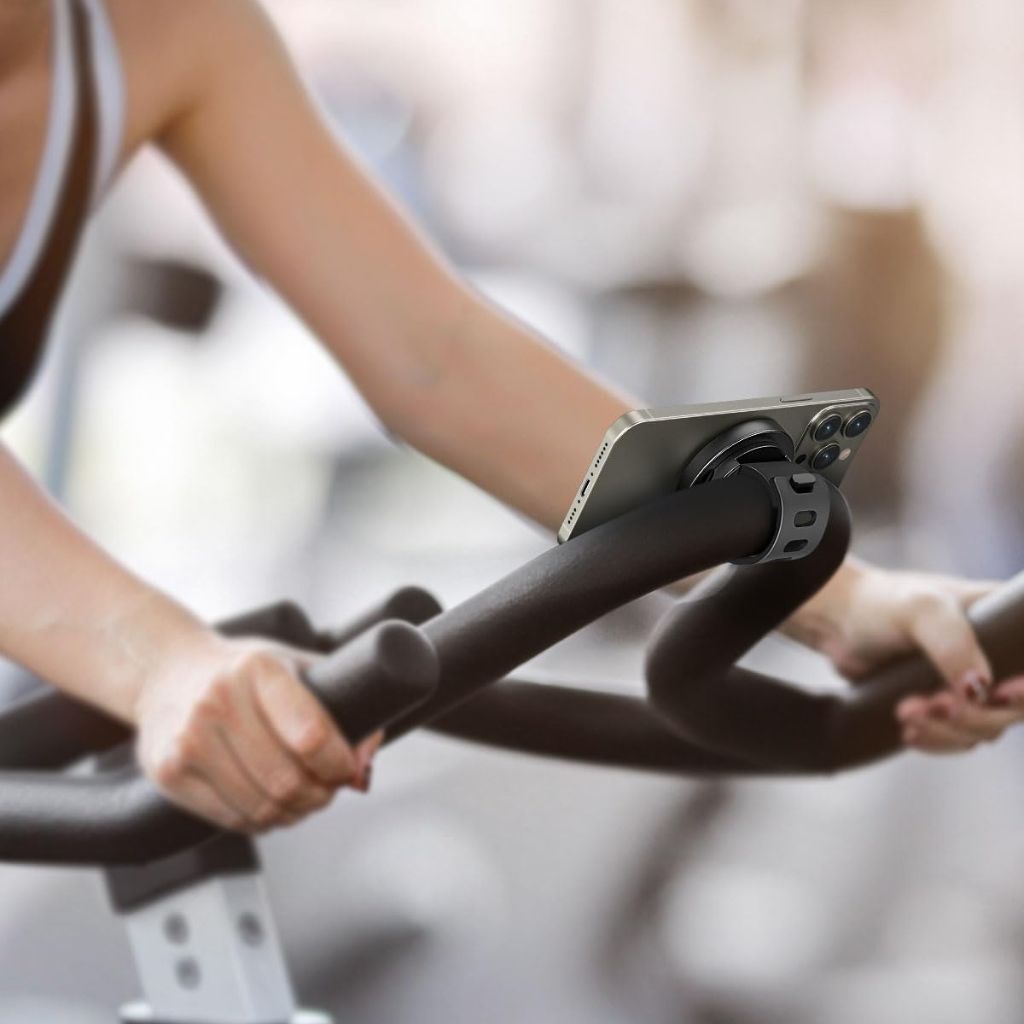 Magnetic phone holder compatible with MagSafe for gym equipment, bike handlebars, strollers, and flat magnetic surfaces