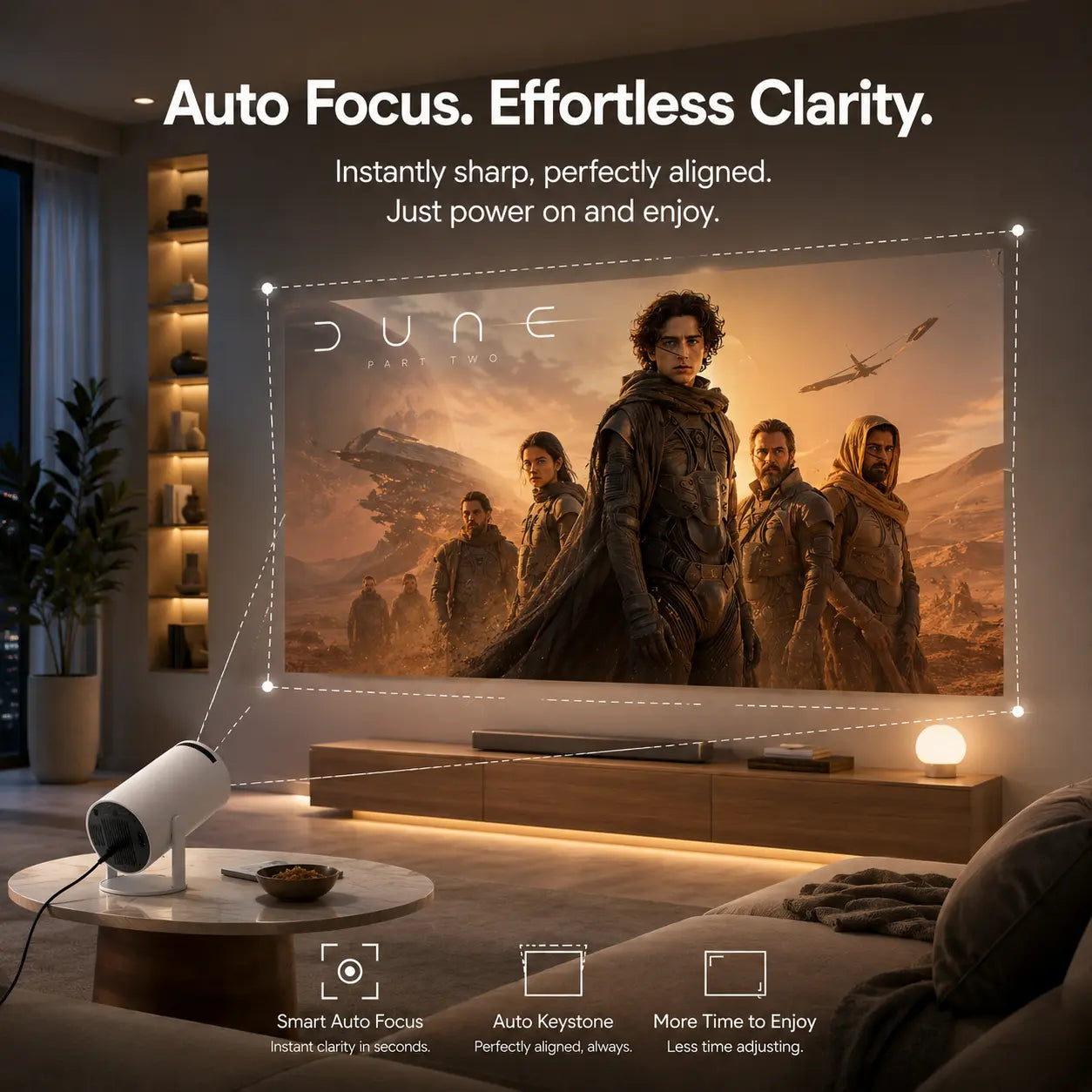 Mini projector displaying a movie at home