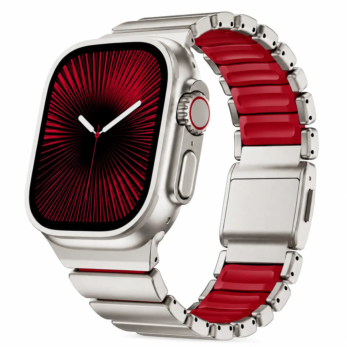 Silver metal watch band with cherry-red rubber accents.