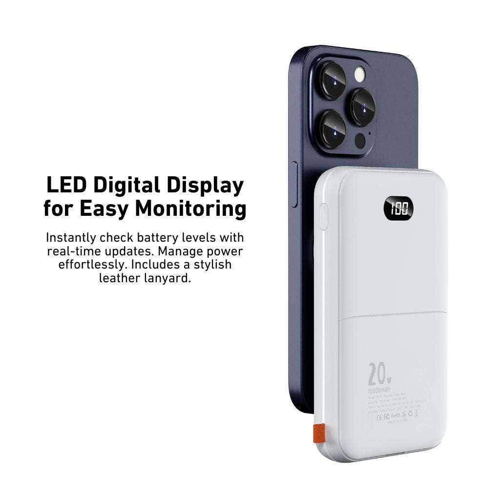 2-in-1 Wireless MagSafe PowerBank with 10,000mAh capacity, dual Type-C fast charging, LED display, strong magnetic suction, and multi-device charging. Portable, high-density battery compliant with travel safety standards.