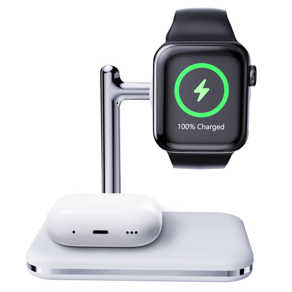 2-in-1 wireless charger for Apple Watch and AirPods, fast charging station, compact and portable, foldable design, adjustable angles, compatible with Apple Watch Ultra, Series 8, 7, 6, 5, 4, 3, 2, SE, and AirPods Pro, Pro 2, 3, 2, Type-C input, overcharge protection, for desk and travel use.