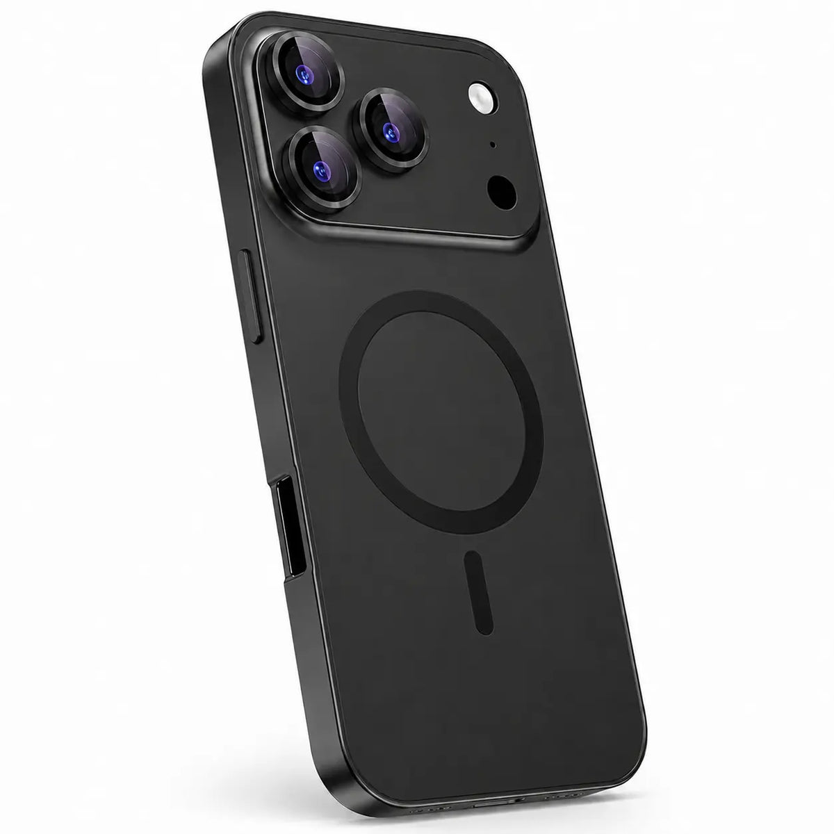 Black metal magnetic phone case in a tilted rear view showing its camera surround and side rail #color_Midnight Black