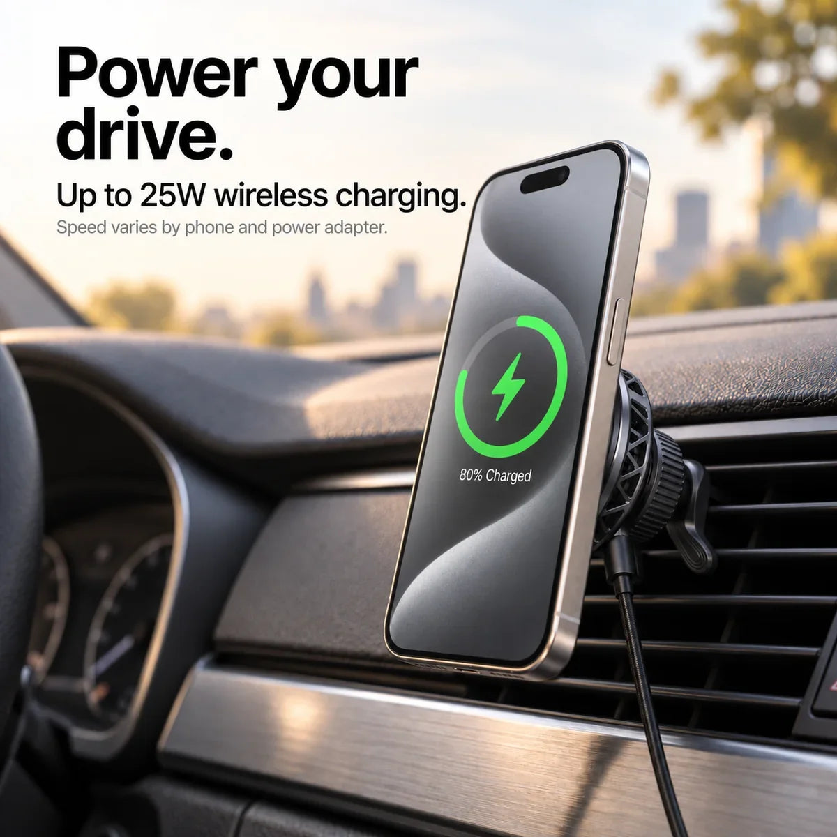 Silver iPhone with gray wallpaper and a green charging indicator on a black magnetic car charger; text describes up to 25W output. #color_Midnight Black