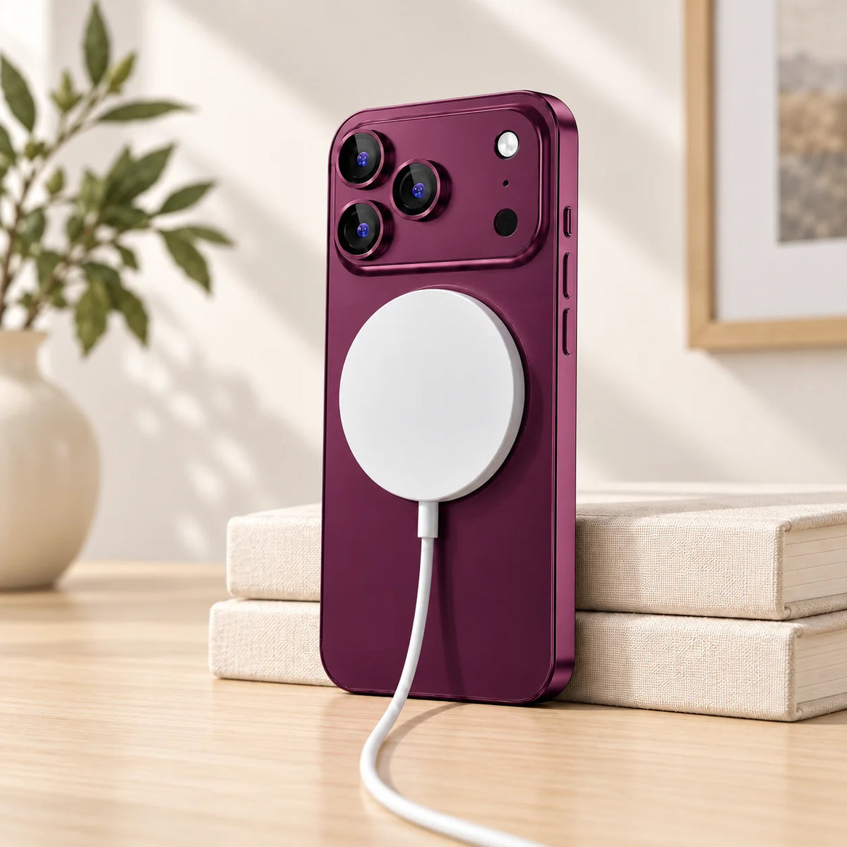 Dark cherry metal phone case with a white magnetic wireless charging puck attached to the back.