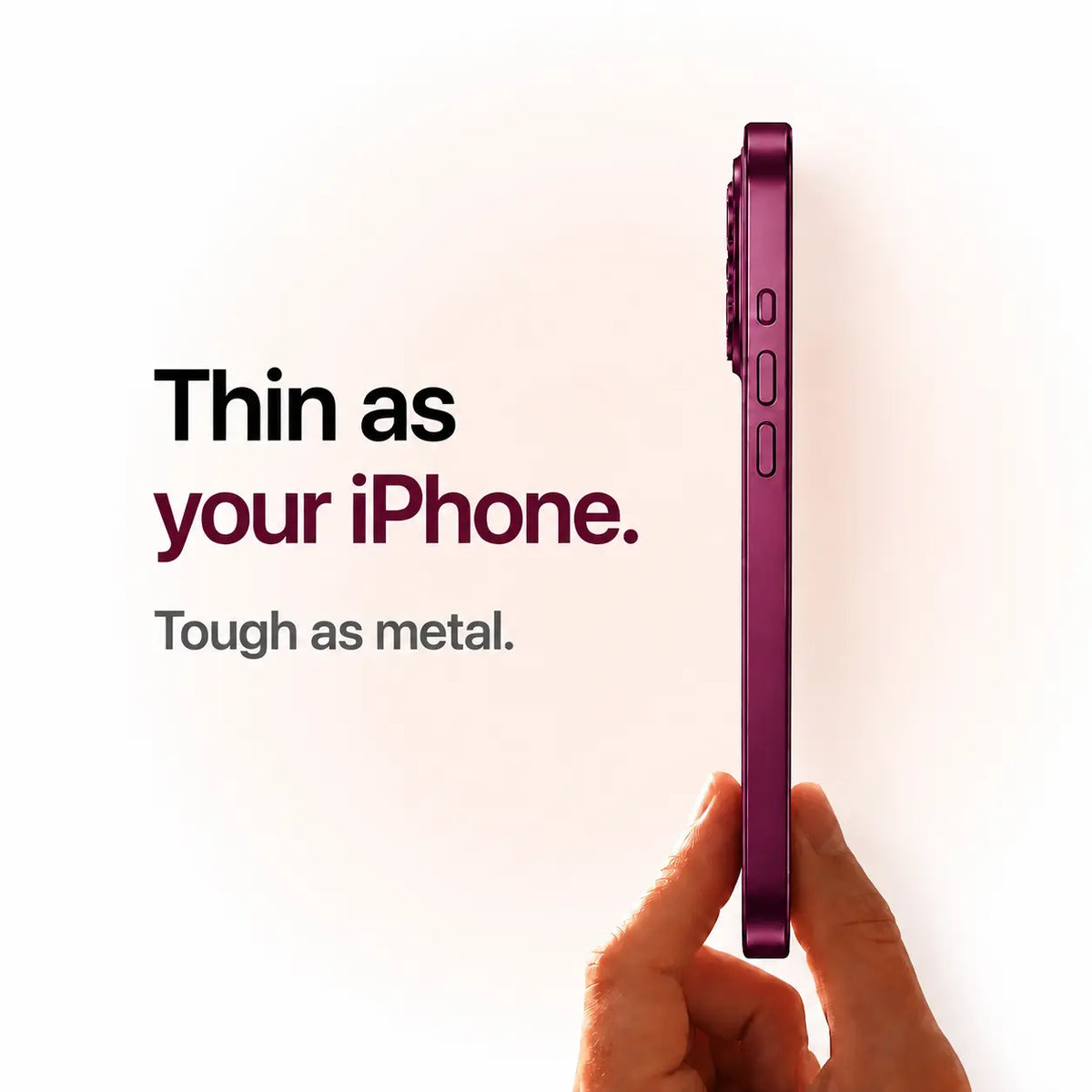Burgundy metal phone case held edge-on to show its slim side profile #color_Burgundy