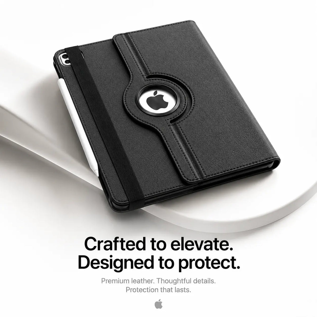 Midnight Black rotating tablet folio case closed on a display plinth #color_Midnight Black