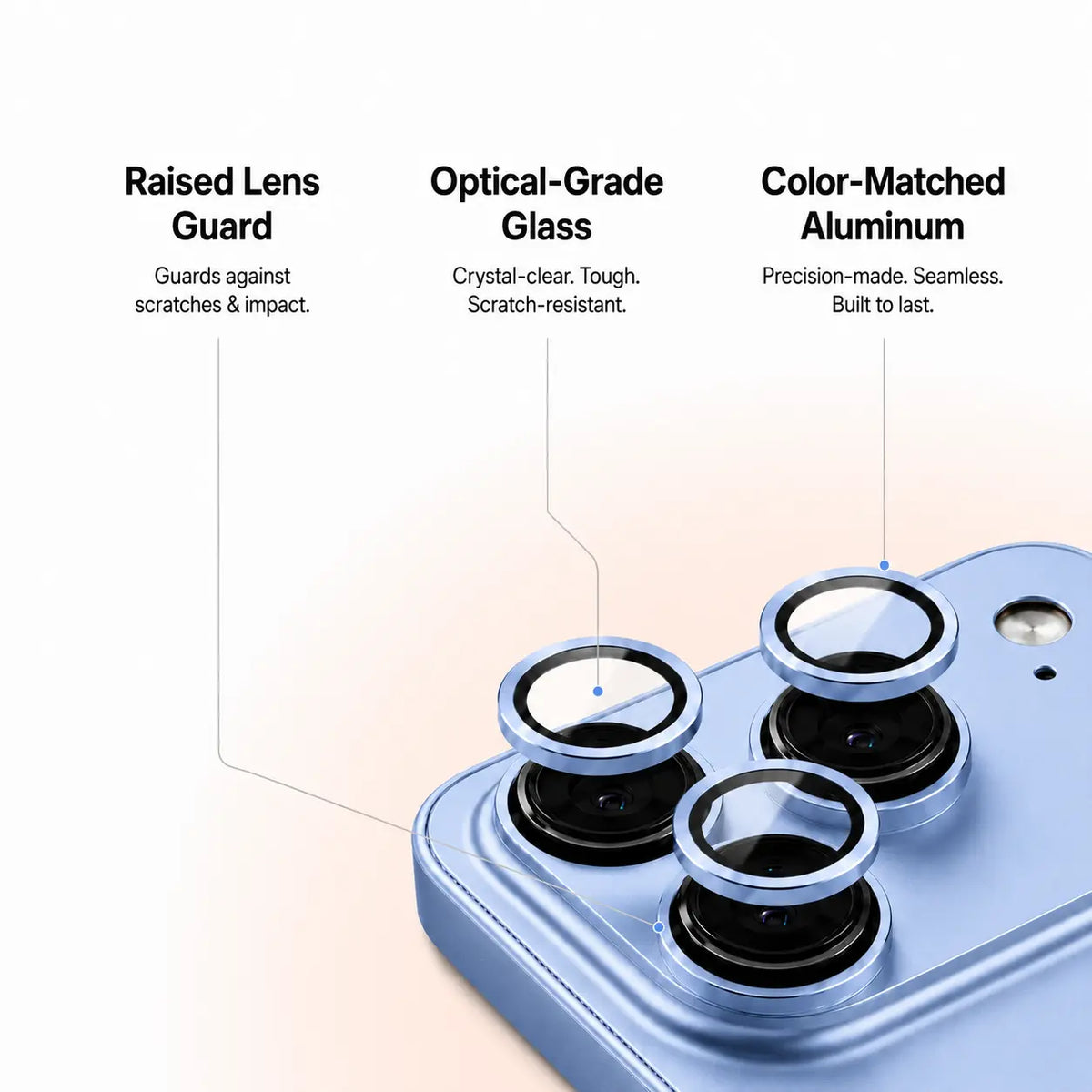 Glacier metal phone case in an exploded close-up showing camera lens guards and trim #color_Glacier
