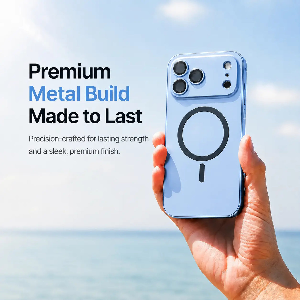Glacier metal magnetic phone case held upright beside the sea with a material feature caption #color_Glacier