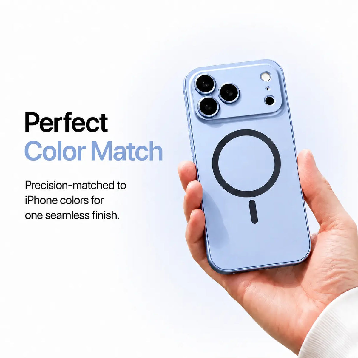 Glacier metal magnetic phone case held in one hand against a pale studio background #color_Glacier