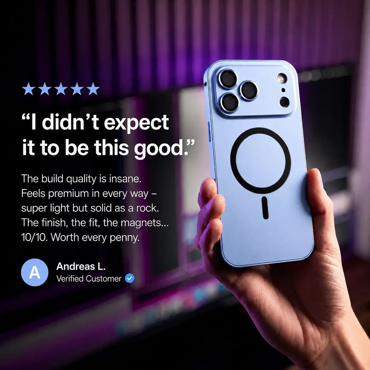 Glacier metal magnetic phone case held beside a purple-lit desk with a customer review quote #color_Glacier