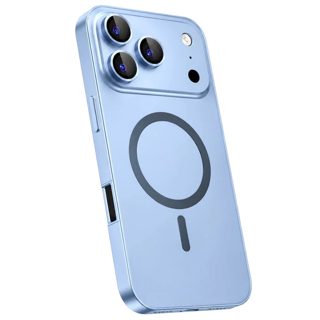 Glacier metal magnetic phone case in a tilted rear view showing its camera surround and side rail #color_Glacier