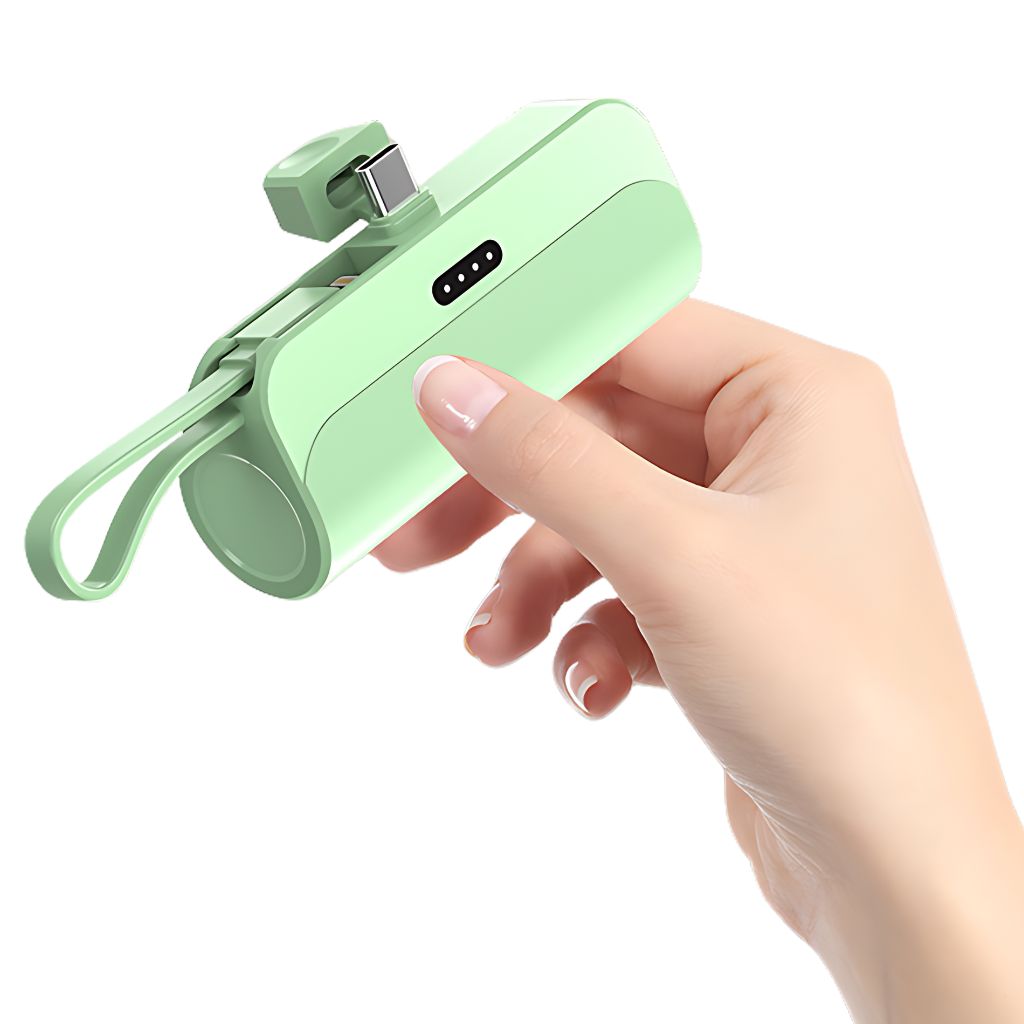 PowerBank Mini portable charger in multiple colors and capacities, compatible with USB-C and Lightning devices for Android and Apple, featuring a compact, lipstick-sized design with dual charging capability.