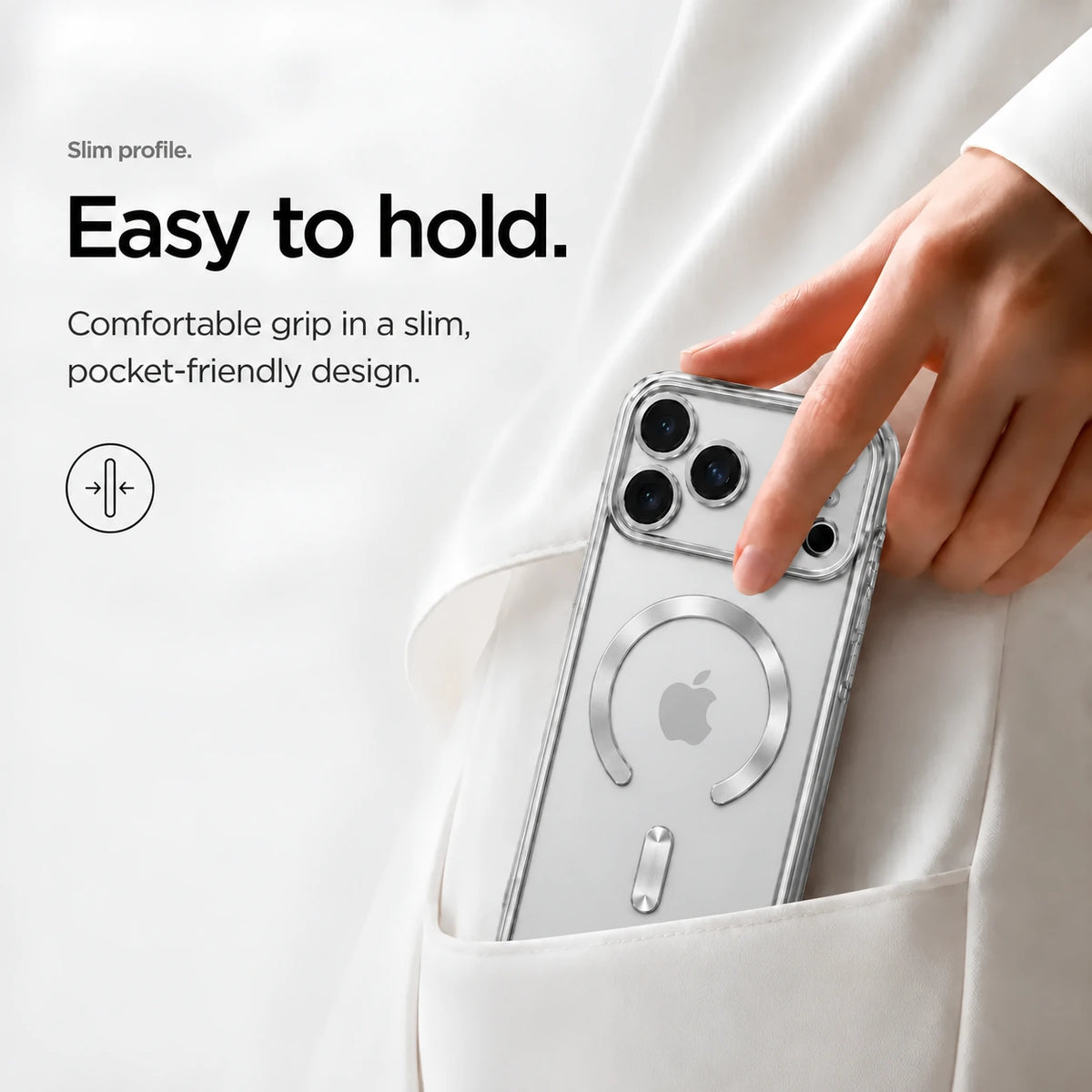 Silver slim phone case being placed in a white clothing pocket #color_Titanium Silver